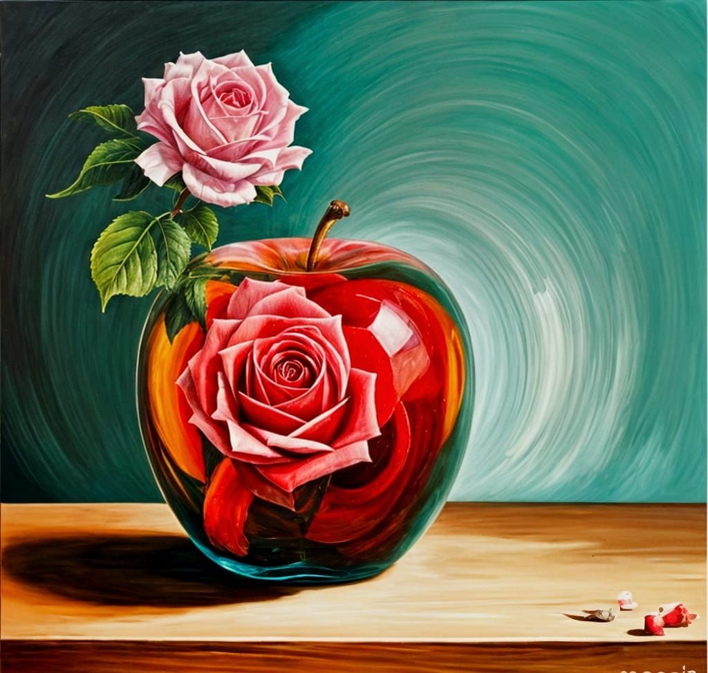 Glass Apple with Rose: A Surreal Oil Painting