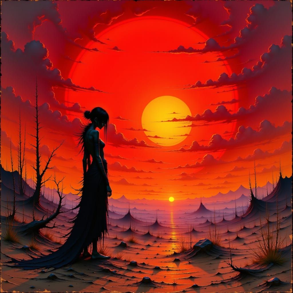 Desert Silhouette at Sunset in Dramatic Digital Painting