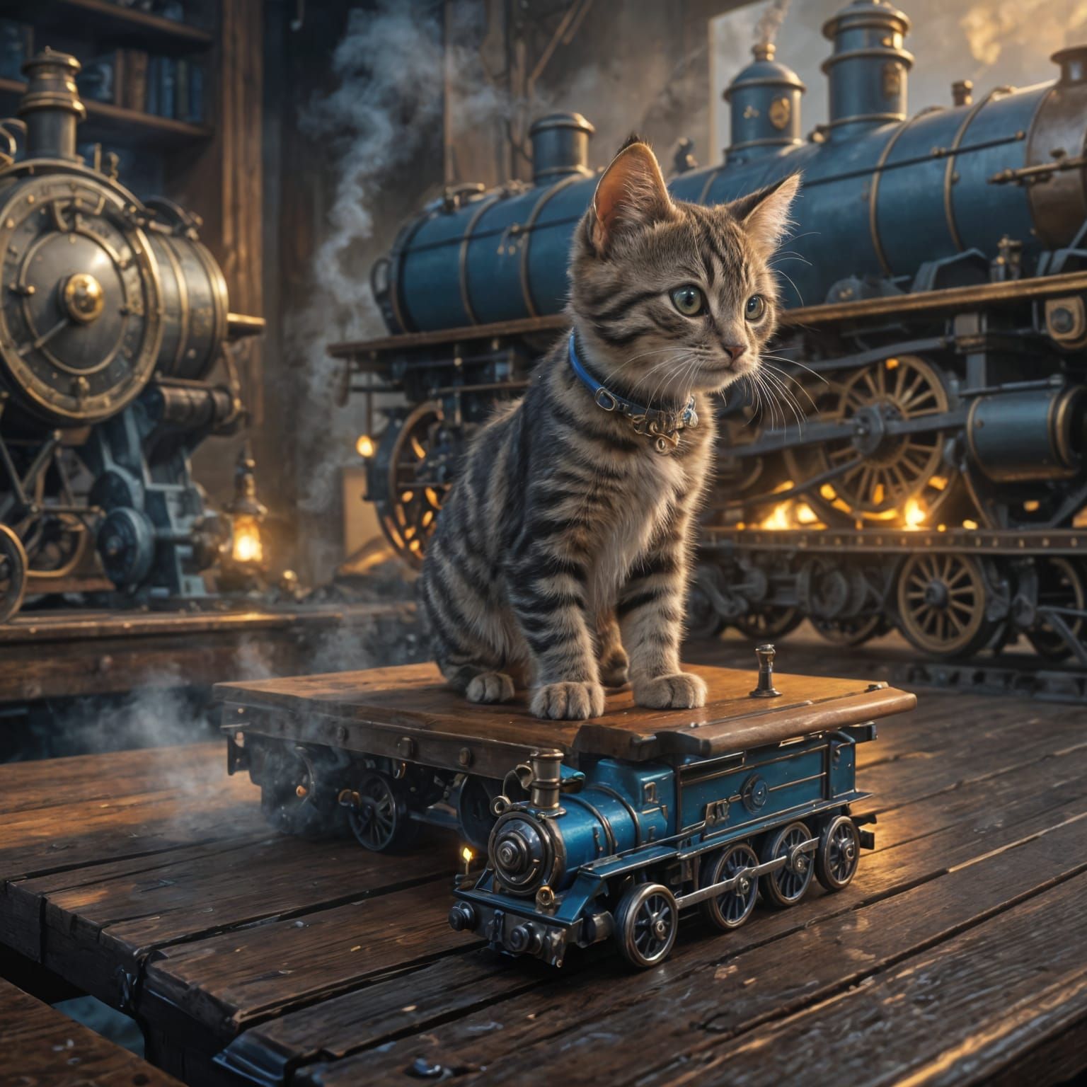 Cute Kitten Watches Toy Steam Train