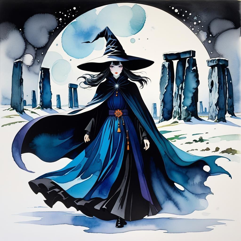 Snowy Stonehenge Scene with Cloaked Witch