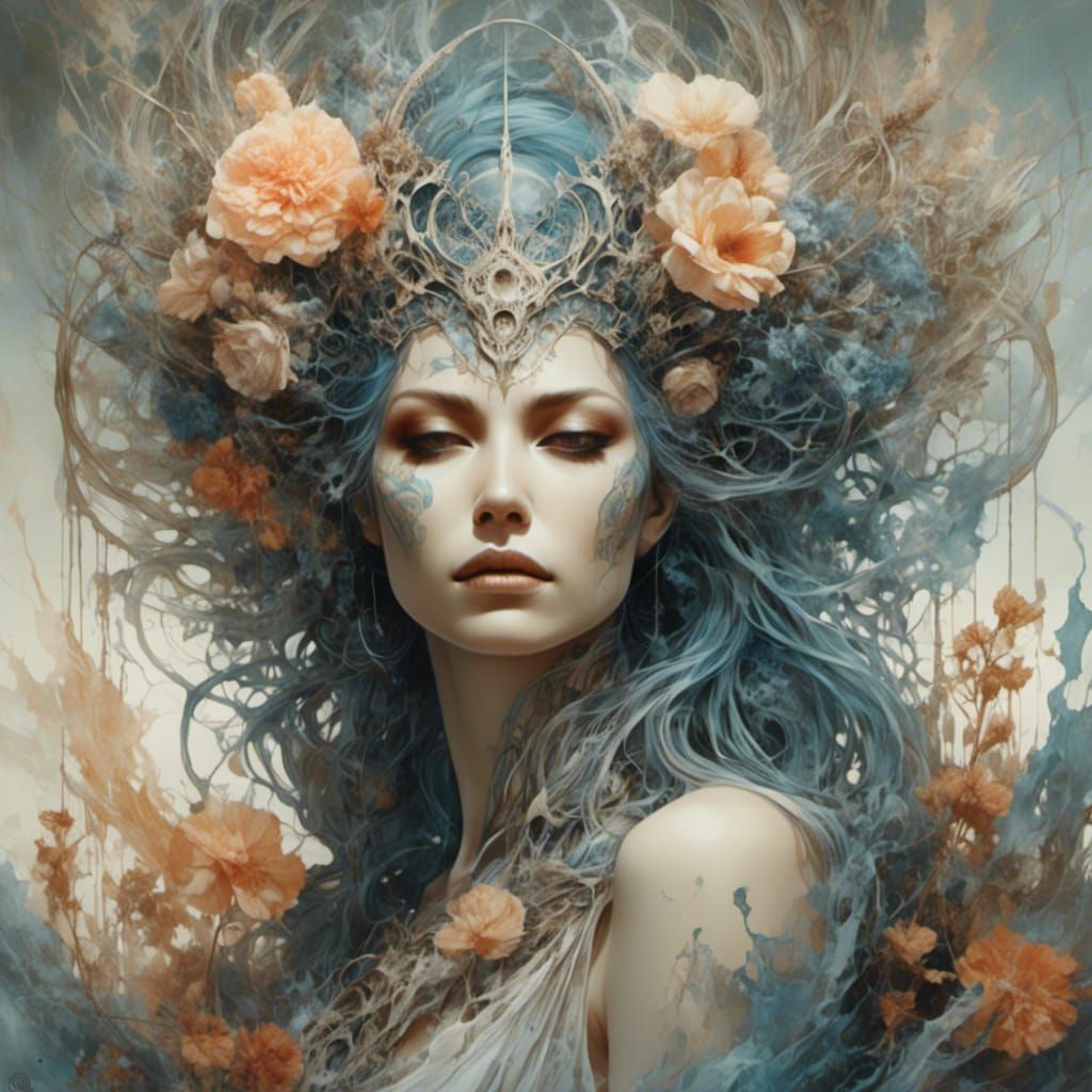 <lora:Flora Fauna Skulls:1.0> <lora:Macabre:1.0> Glorious Ocean Goddess, bare body, seductress, ocean power, deep pastel...