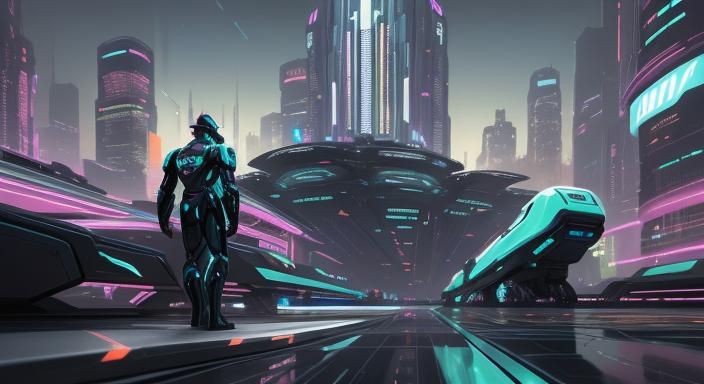 Cyberpunk Cityscape: Humans and Robots at Luminousa