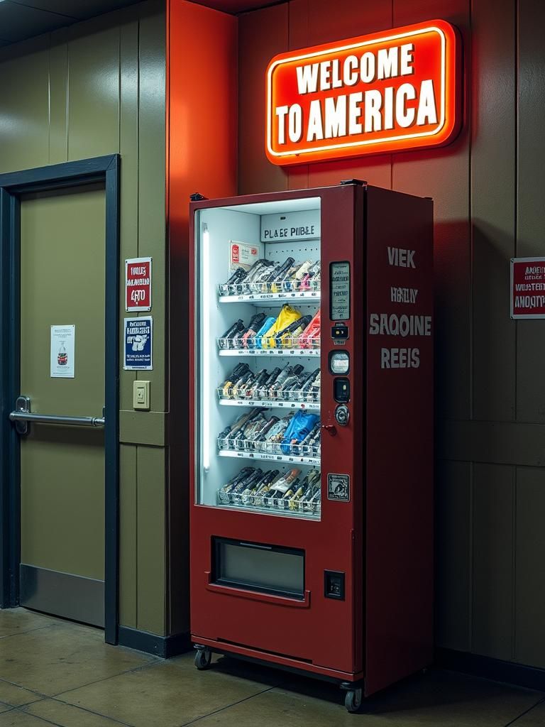 Ironic Vending Machine in America: Photographic 3D Render