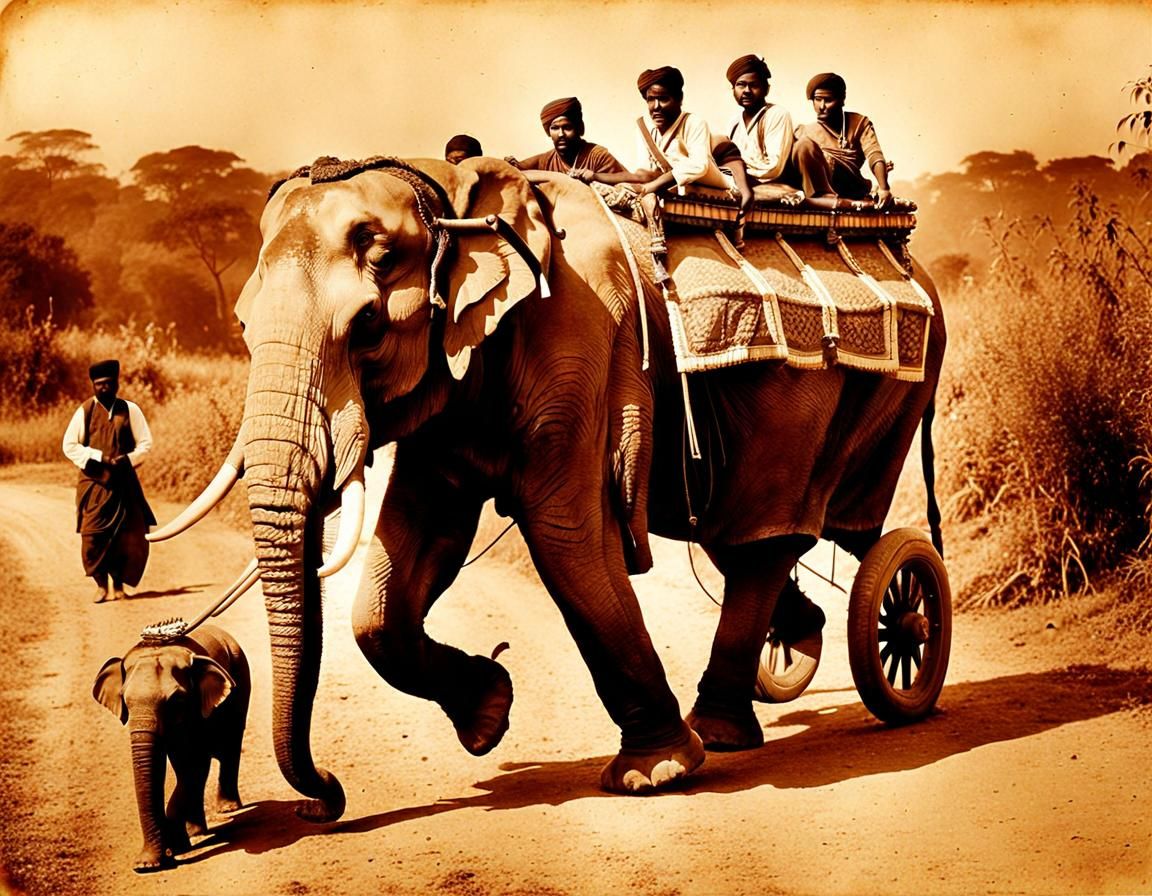 Vintage Sepia Photo: Elephant Hunt in India