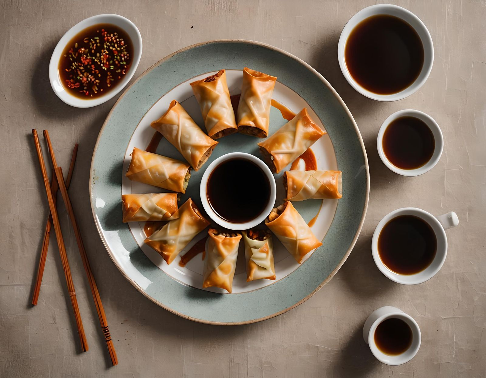 Delicious Egg Rolls with Sauces and Tea