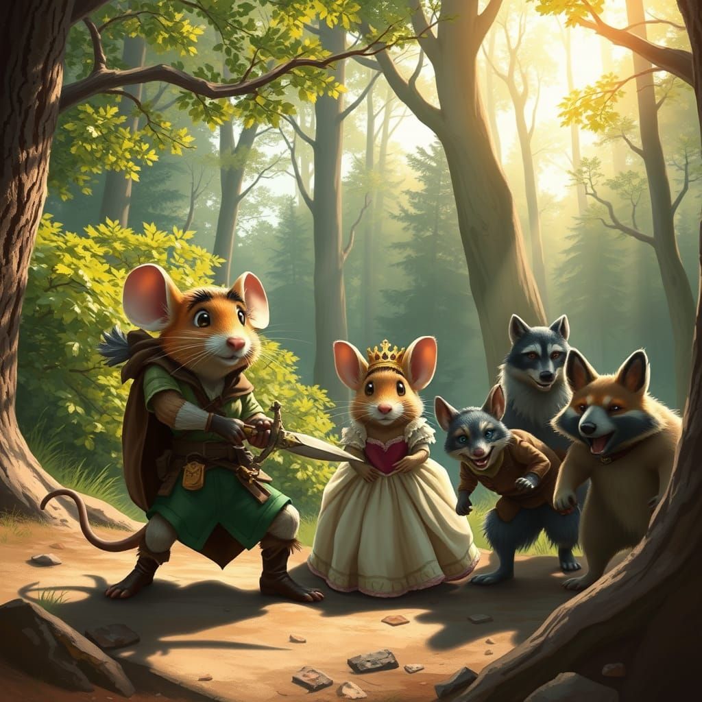 Brave Mouse Archer Defends Maid Marian in Whimsical Forest C...