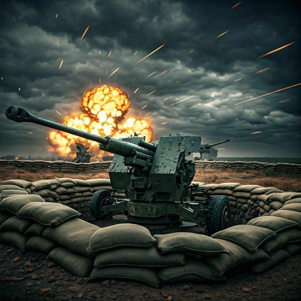 Grim AA Gun Battery in War-Torn Landscape