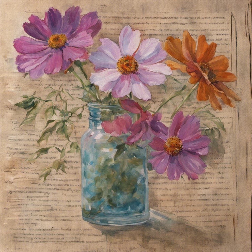 Cosmos Flowers in Vase with Impressionistic Gouache Details