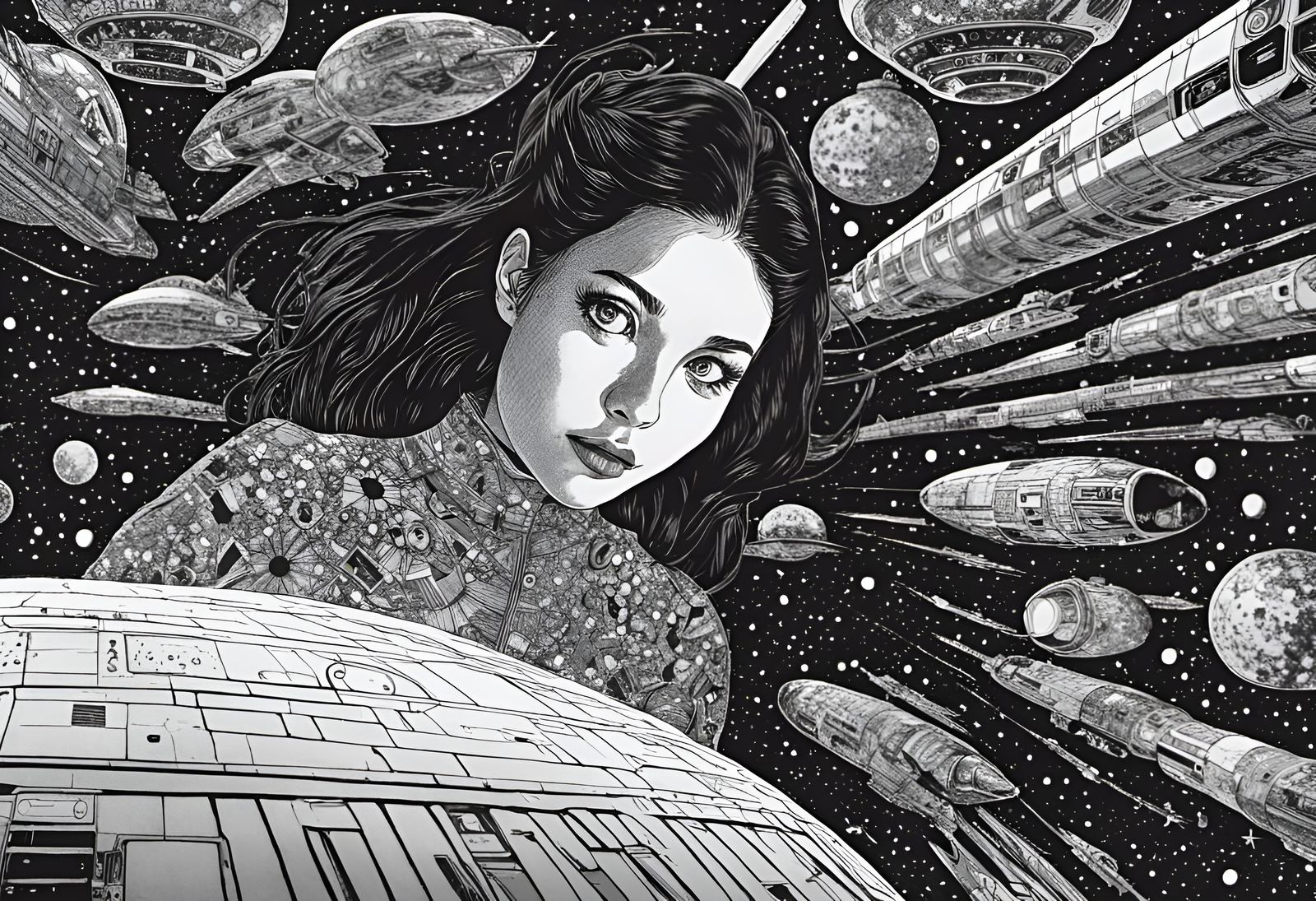 Woman in Spacecraft: Junji Ito Style Illustration