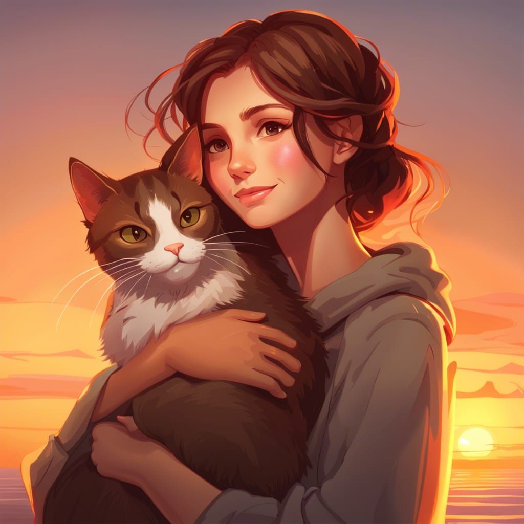 Girl and Cat Watching Sunset, Art Nouveau Portrait