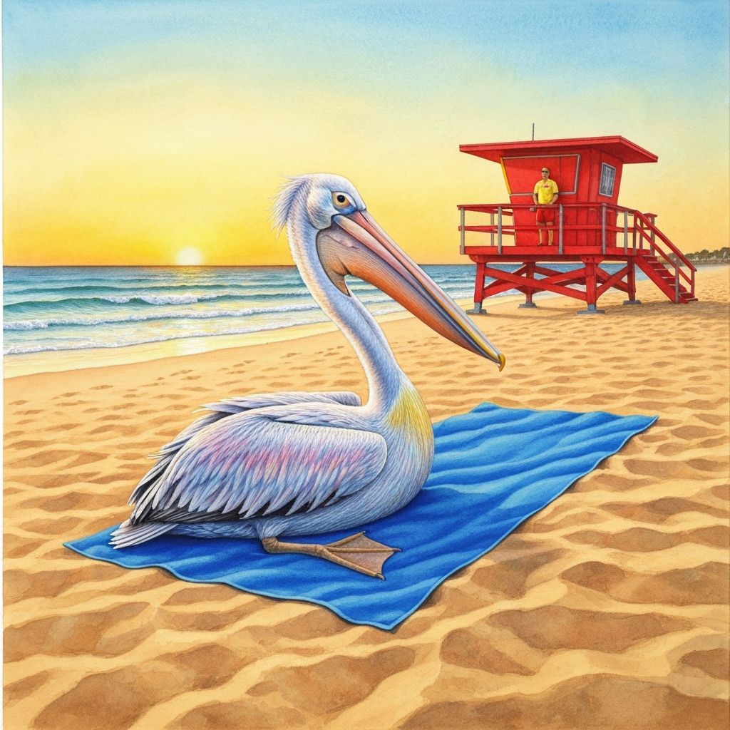 Iridescent Pelican Relaxing at Sunset: Watercolor Rendering