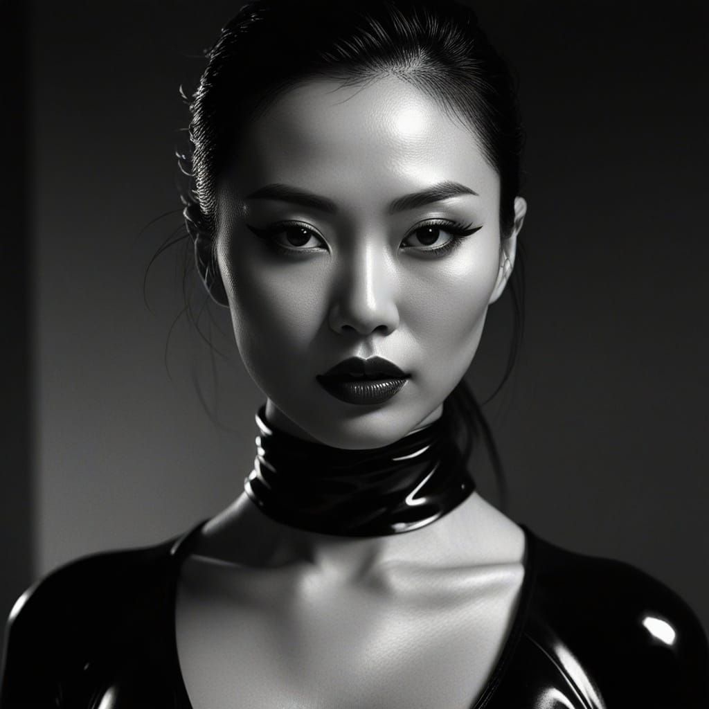 Striking Chinese Woman With Red Lips in Film Noir Style