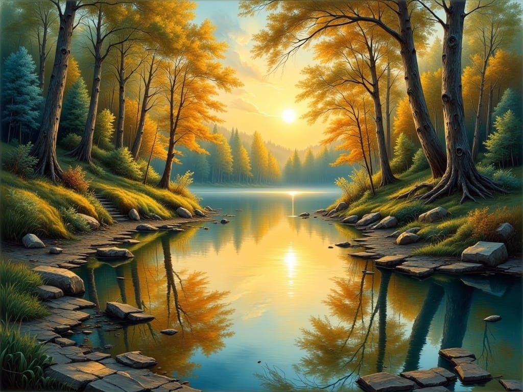 Forest Lake in Summer Evening Light