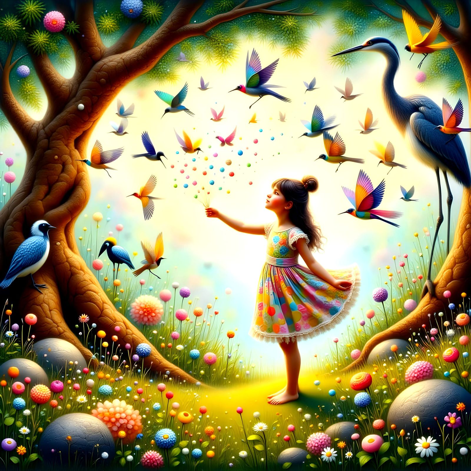 Whimsical Fantasy Girl Surrounded by Vibrant Nature