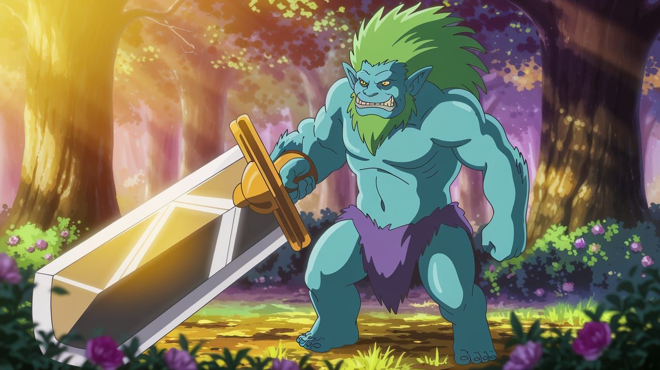 Majestic Troll with Gleaming Sword in Anime Style