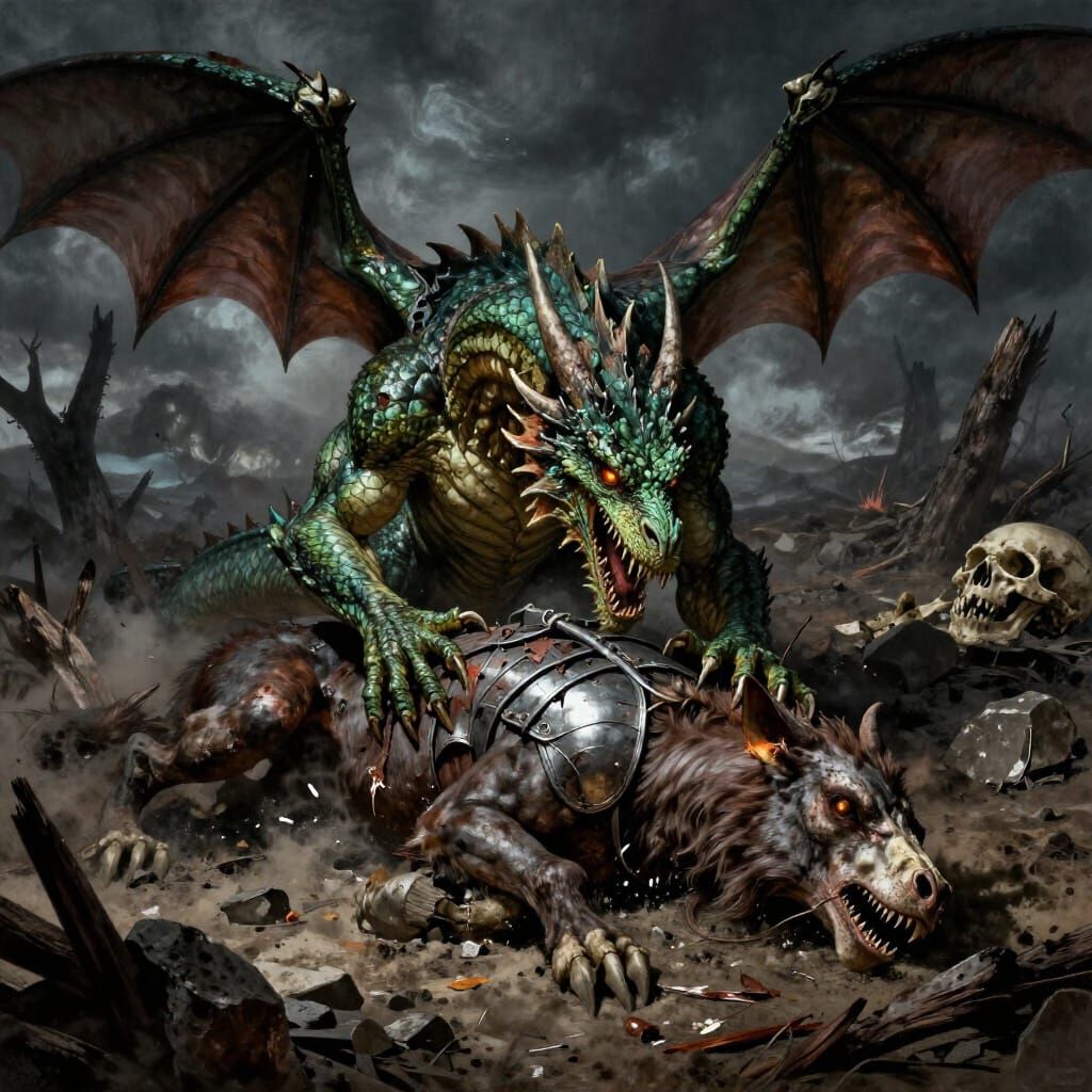 Emerald Dragon Devours Centaur on Ash-Strewn Battlefield