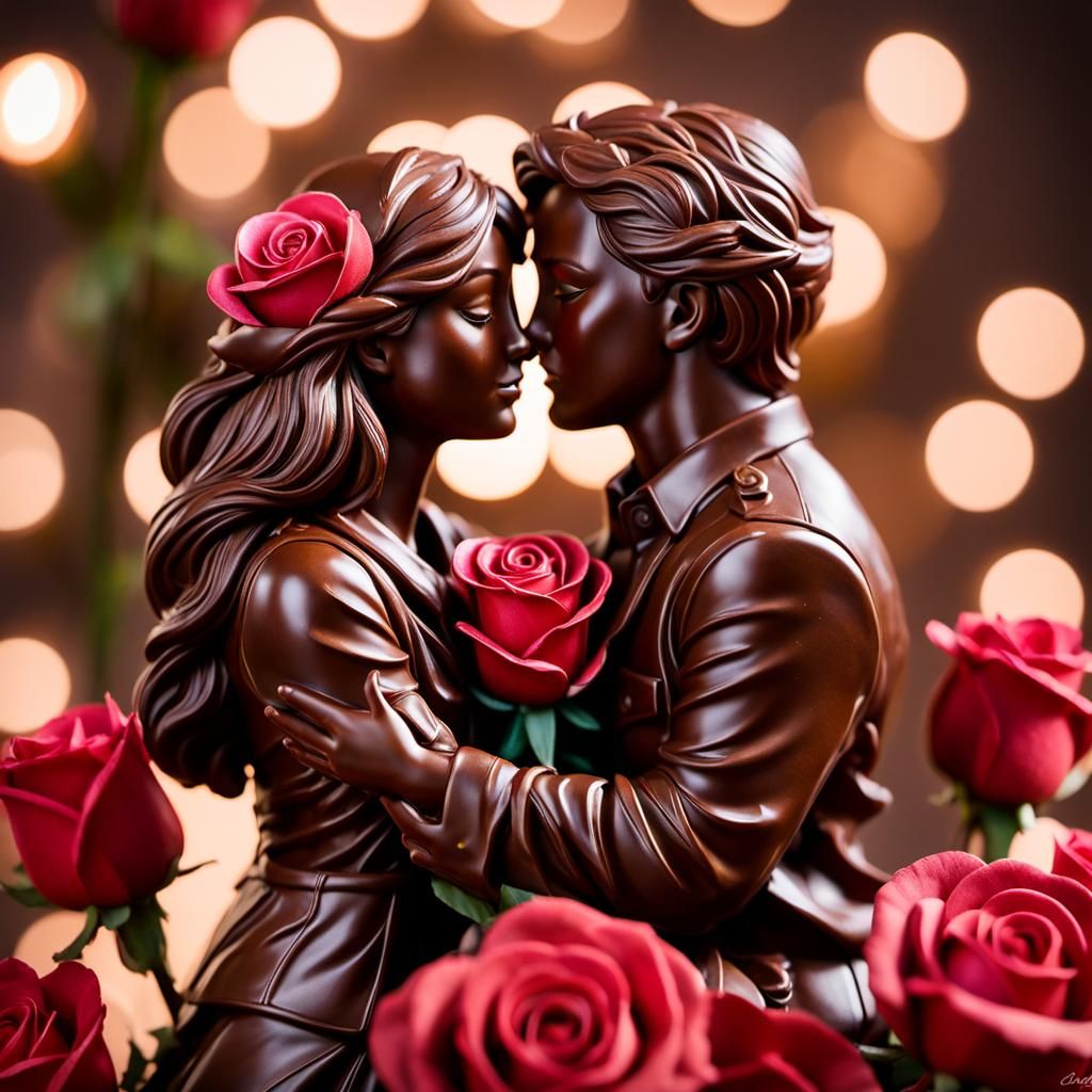 Chocolate Couple Sculpture with Roses, Hyperrealistic Art