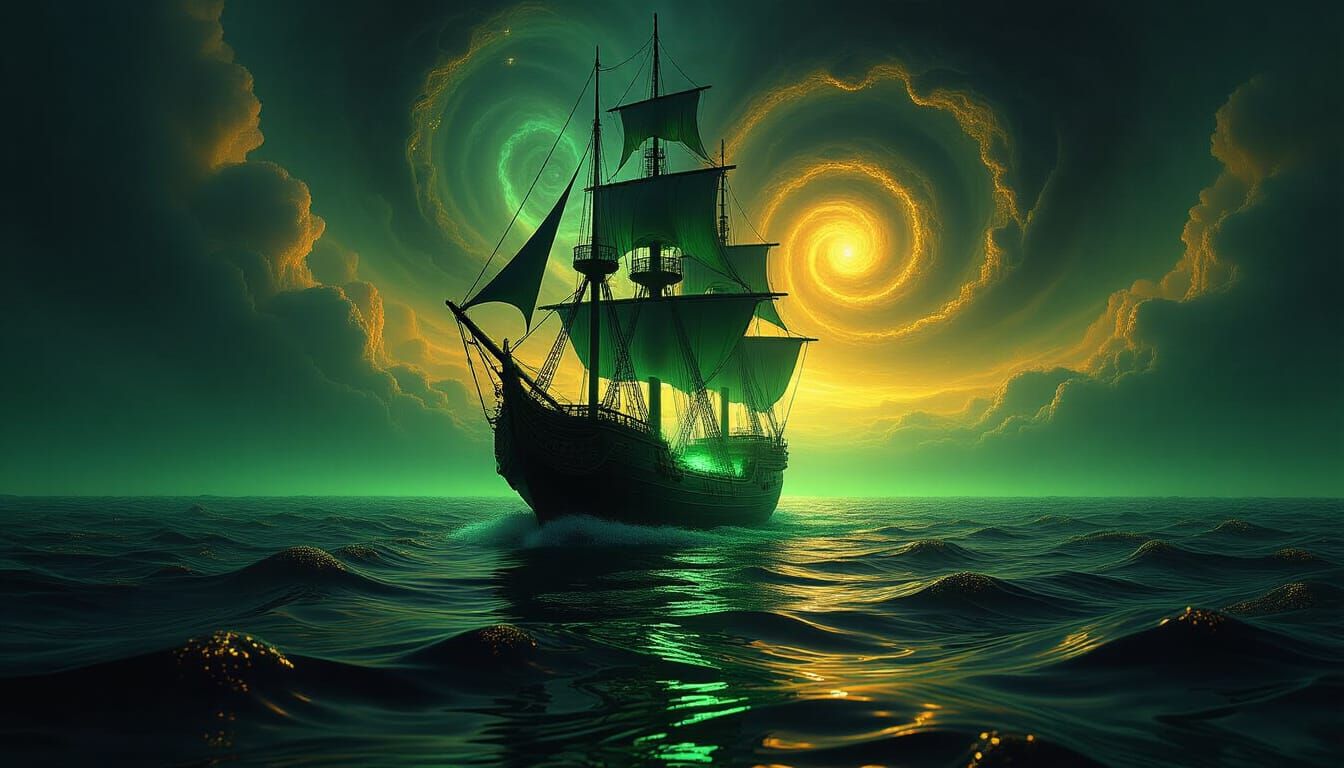 Glowing Ship on Oil Sea Surrealist Landscape