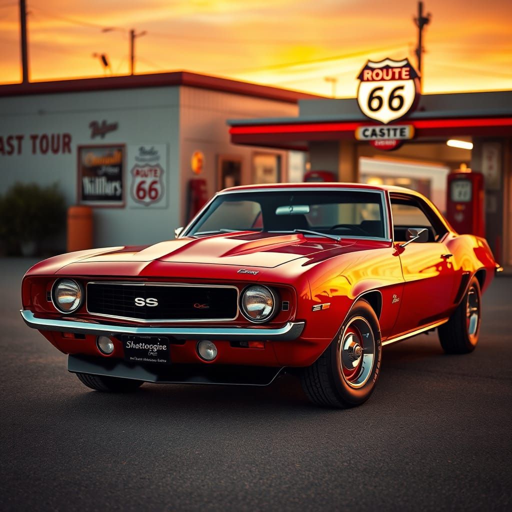 Cherry-Red 1969 Camaro SS on Route 66