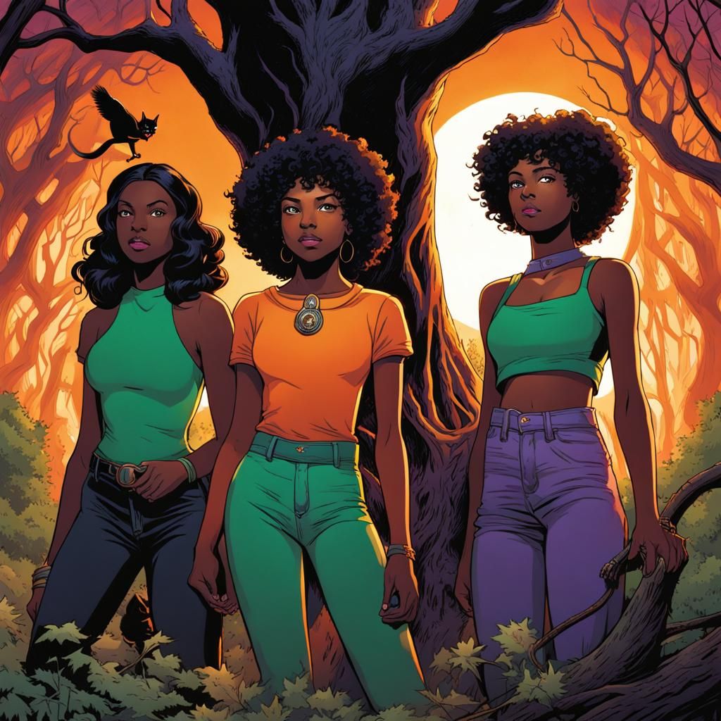 Three Black Witches Surrounded by Black Fire