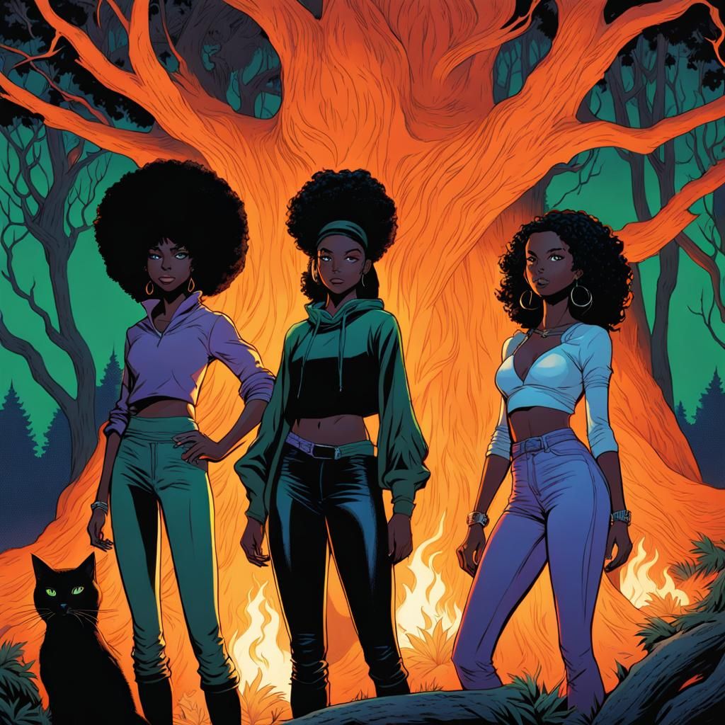 Black Teen Witches Surrounded by Black Fire