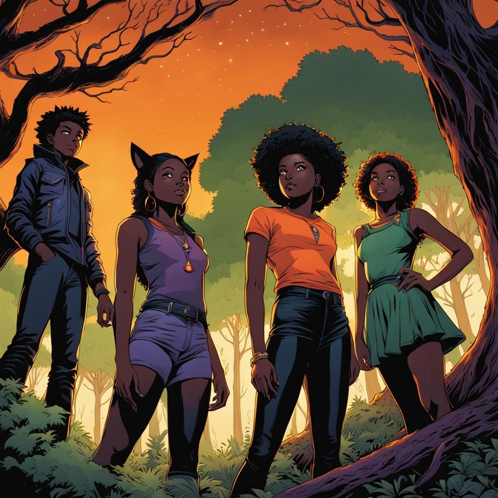 Three Black Witches Surrounded by Black Fire