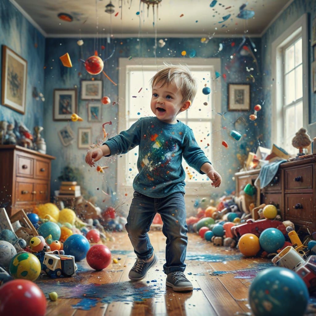 Surreal Toddler Boy Dancing in Toy-Filled Room