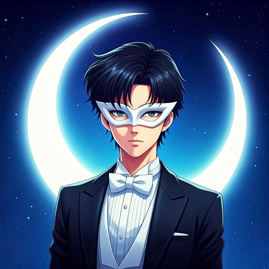 Majestic Tuxedo Mask Stands Before a Dreamy Crescent Moon