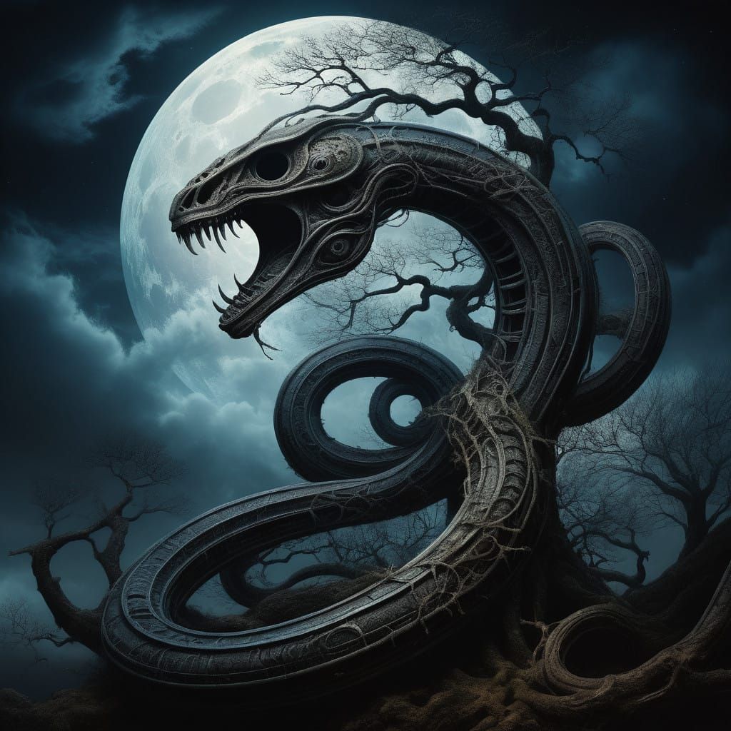 Dark Surrealist Masterpiece: Serpent Entwined with Ancient T...