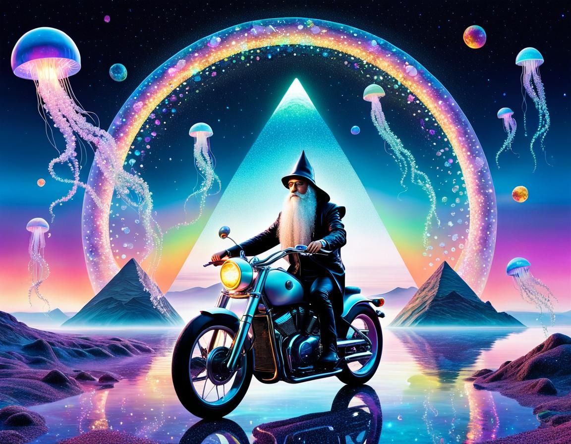 Wizard Rides Motorcycle Through Surreal Moonlit Portal