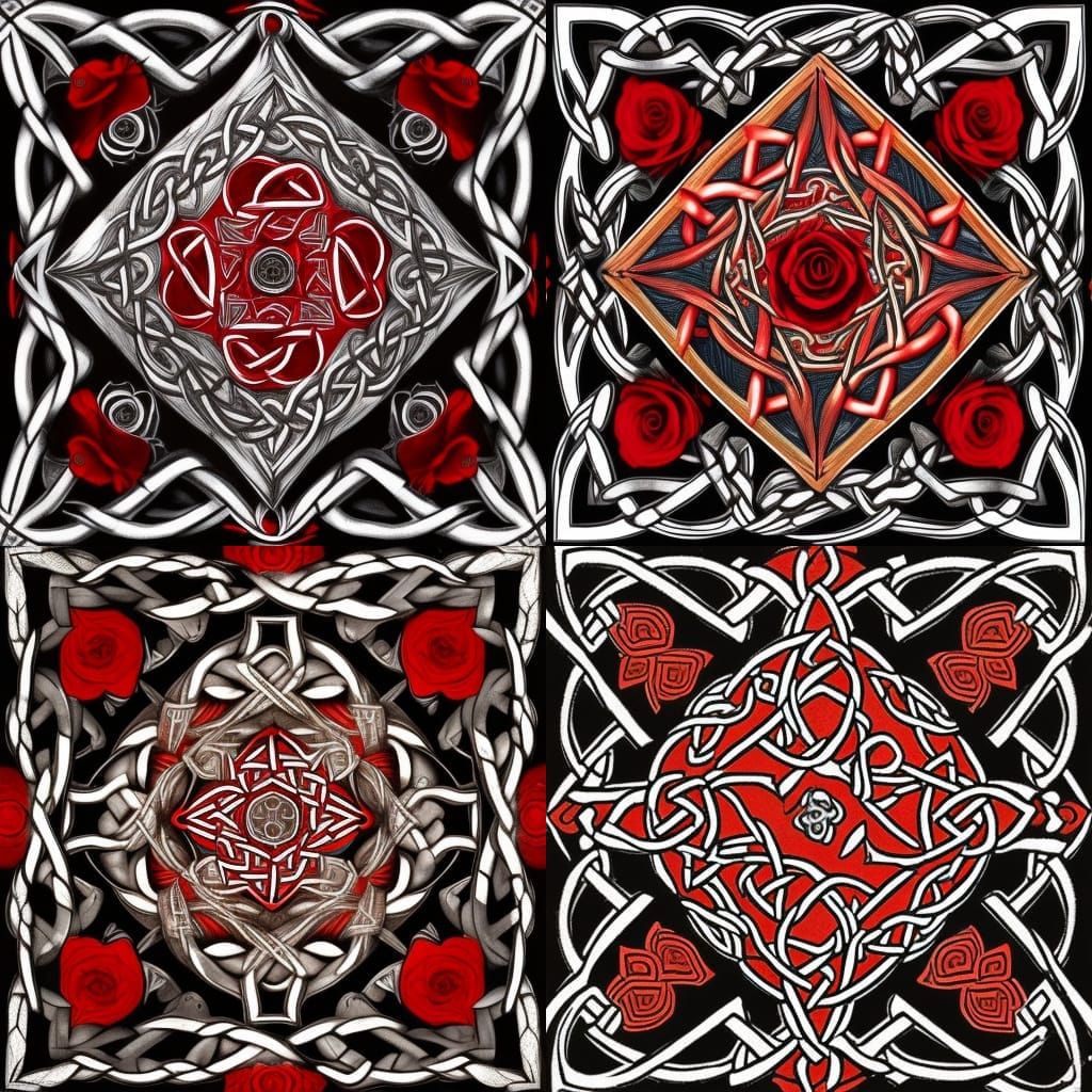 Intricate Celtic Knot with Red and Black Roses