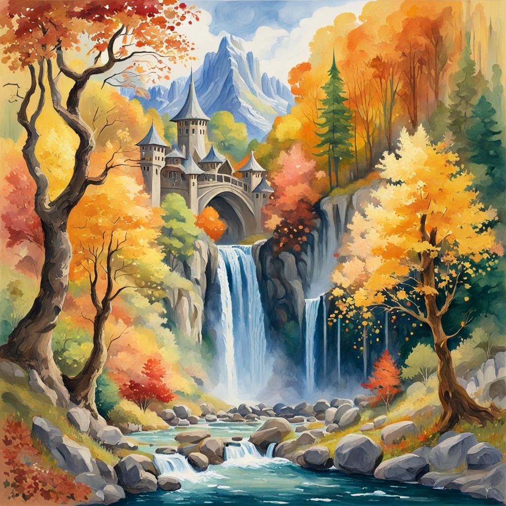 Rivendell in Autumn as Gouache Painting