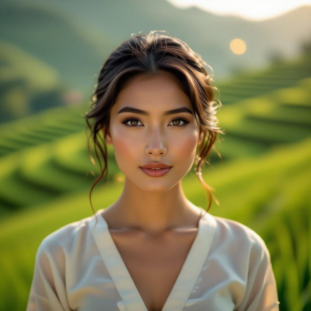 Filipina Woman in Traditional Attire Amidst Rice Terraces