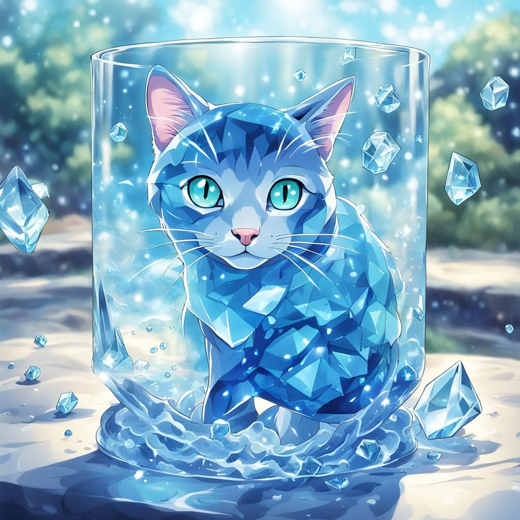 Blue Liquid Cat: Anime-Inspired Digital Art