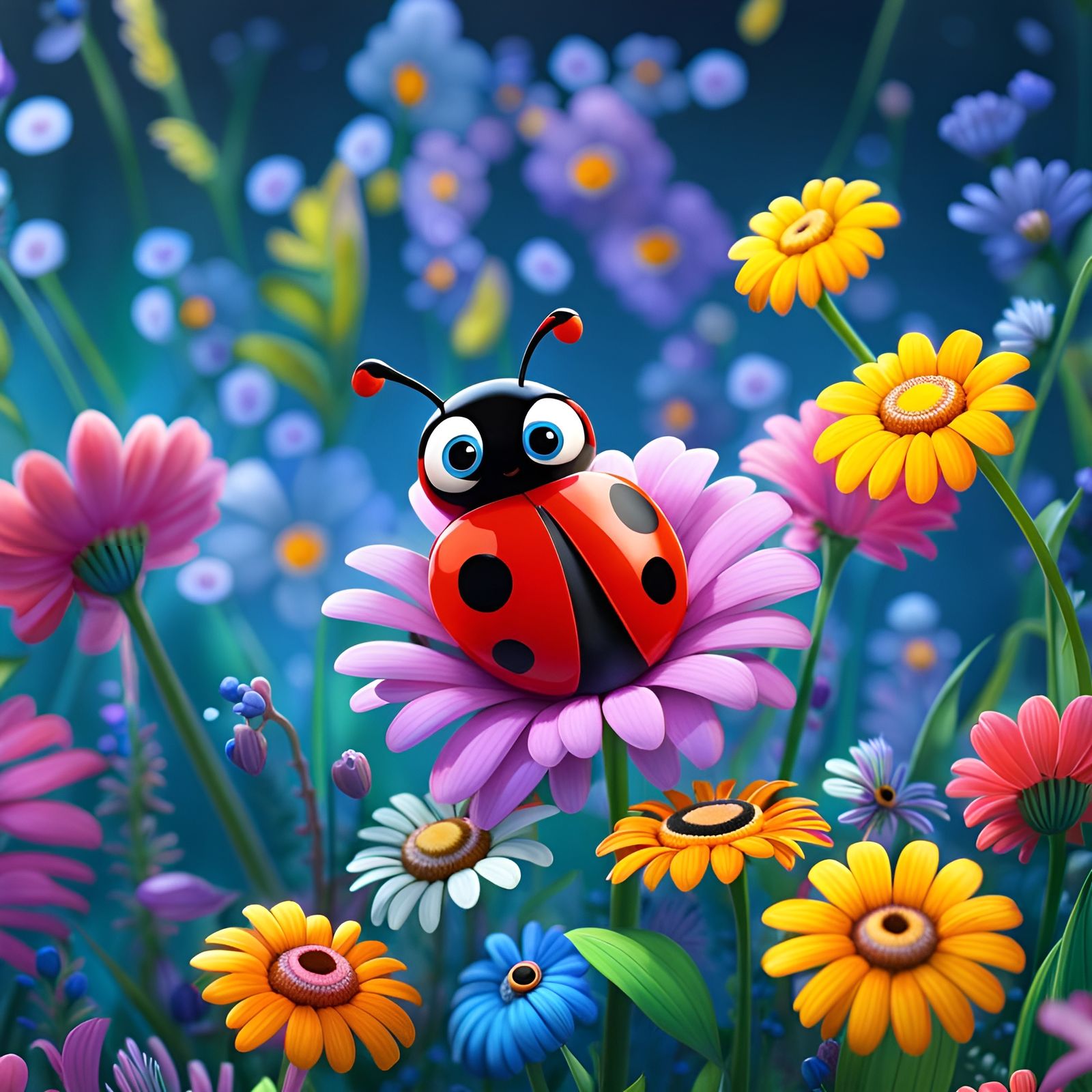 Smiling Ladybug in Summer Flowers: Pixar-Style Digital Art