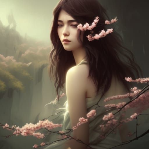 Beautiful Woman with Cherry Blossoms: Digital Art