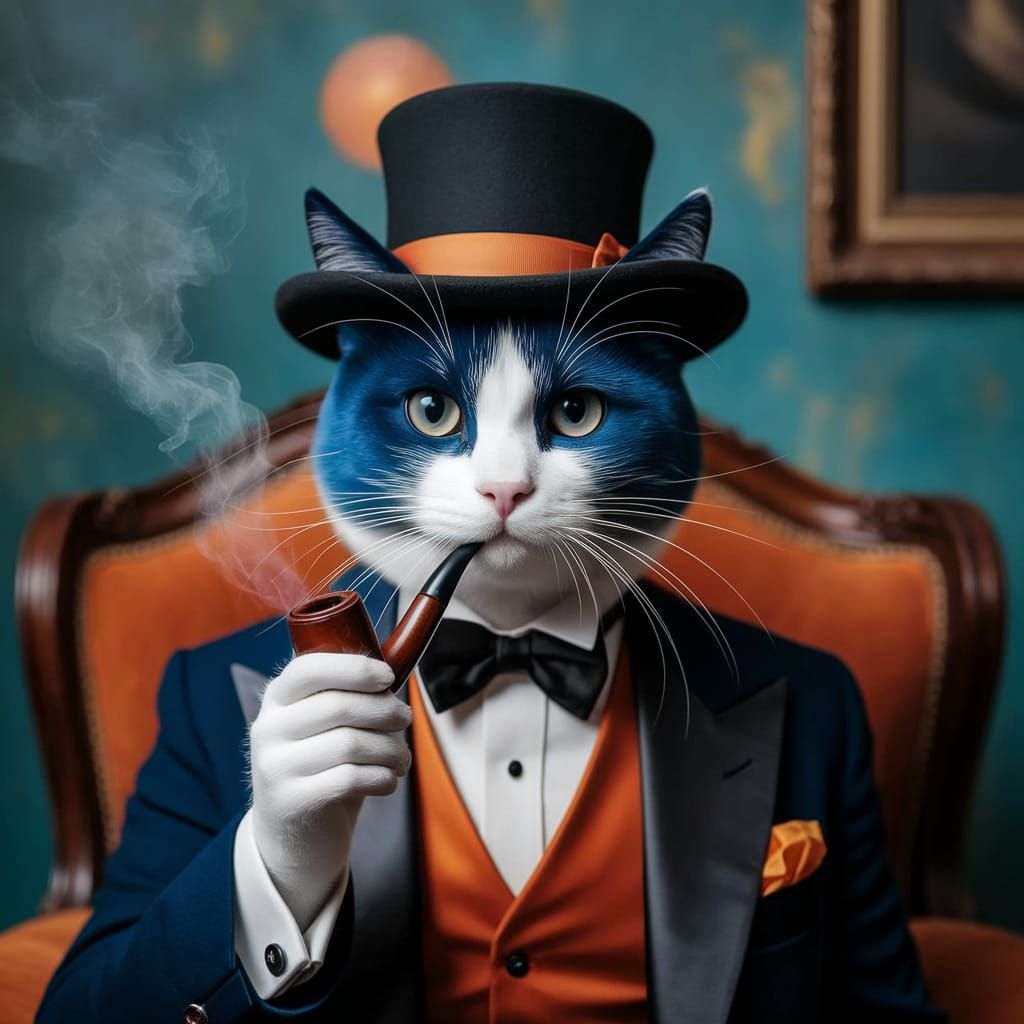 Blue Tuxedo Cat with Pipe in Dreamlike Scene