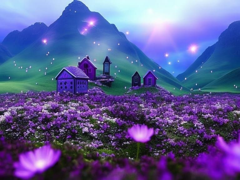 Magical Miniature Village in Bioluminescent Meadow