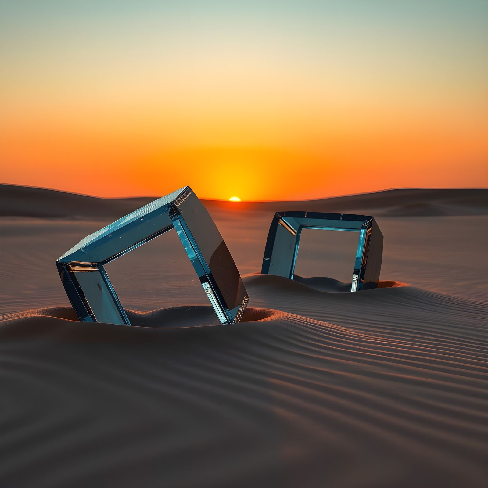 Serene Desert Twilight: Glass Cubes Reflect Sunset