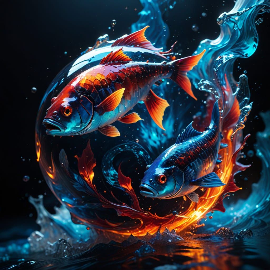 Surreal Oceanic Scene with Dark Red Scaled Fishes and Vibran...