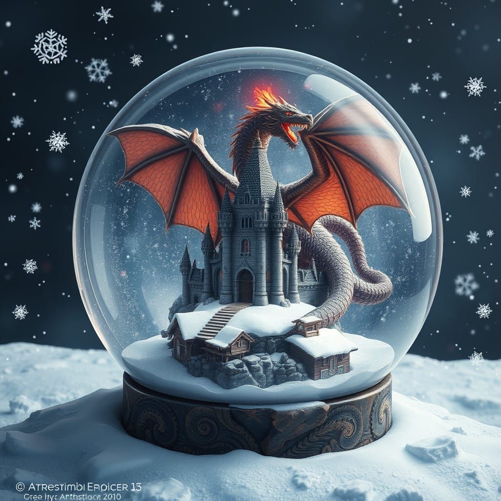 Fantastical Castle Under Siege by a Majestic Dragon in a Sno...