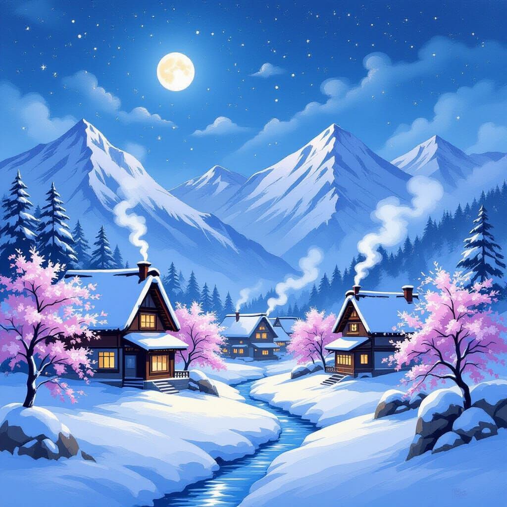Moonlit Japanese Village in Bob Ross Style