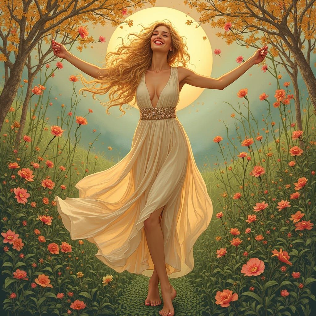 Radiant Woman Dances in Dewy, Art Nouveau Style