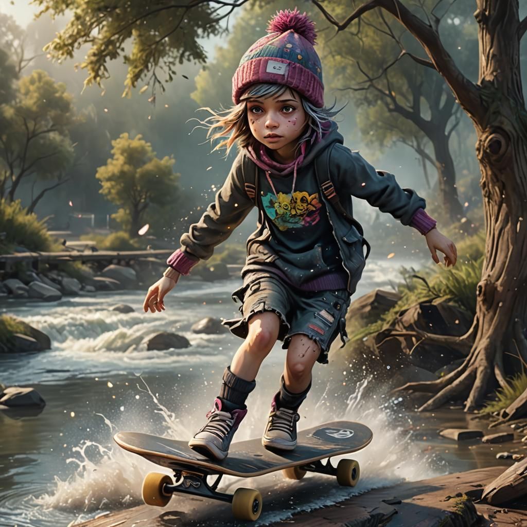 Whimsical Girl Skateboard Trick with Smoke Tail