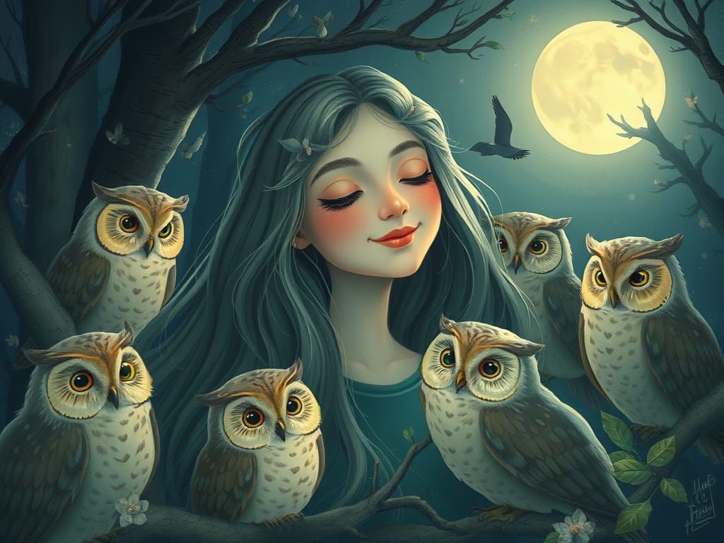 Whimsical Woman Surrounded by Owls in Moonlit Forest
