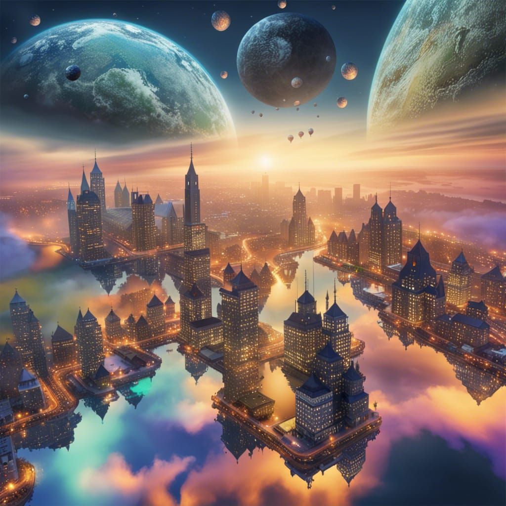 Ancient City in Clouds with Lightning Storm