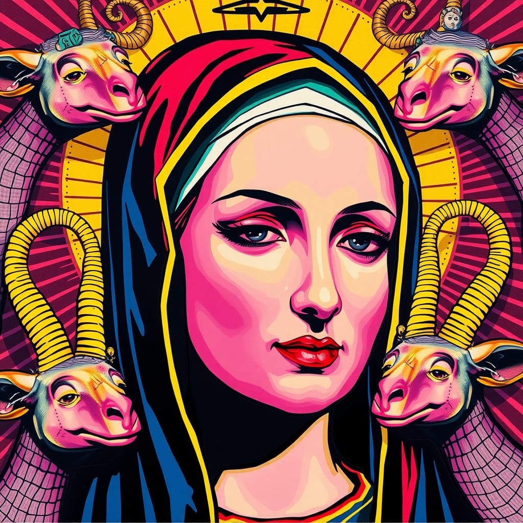 Ognissanti Madonna plastic bobble-head cynocephali In the style of Andy Warhol