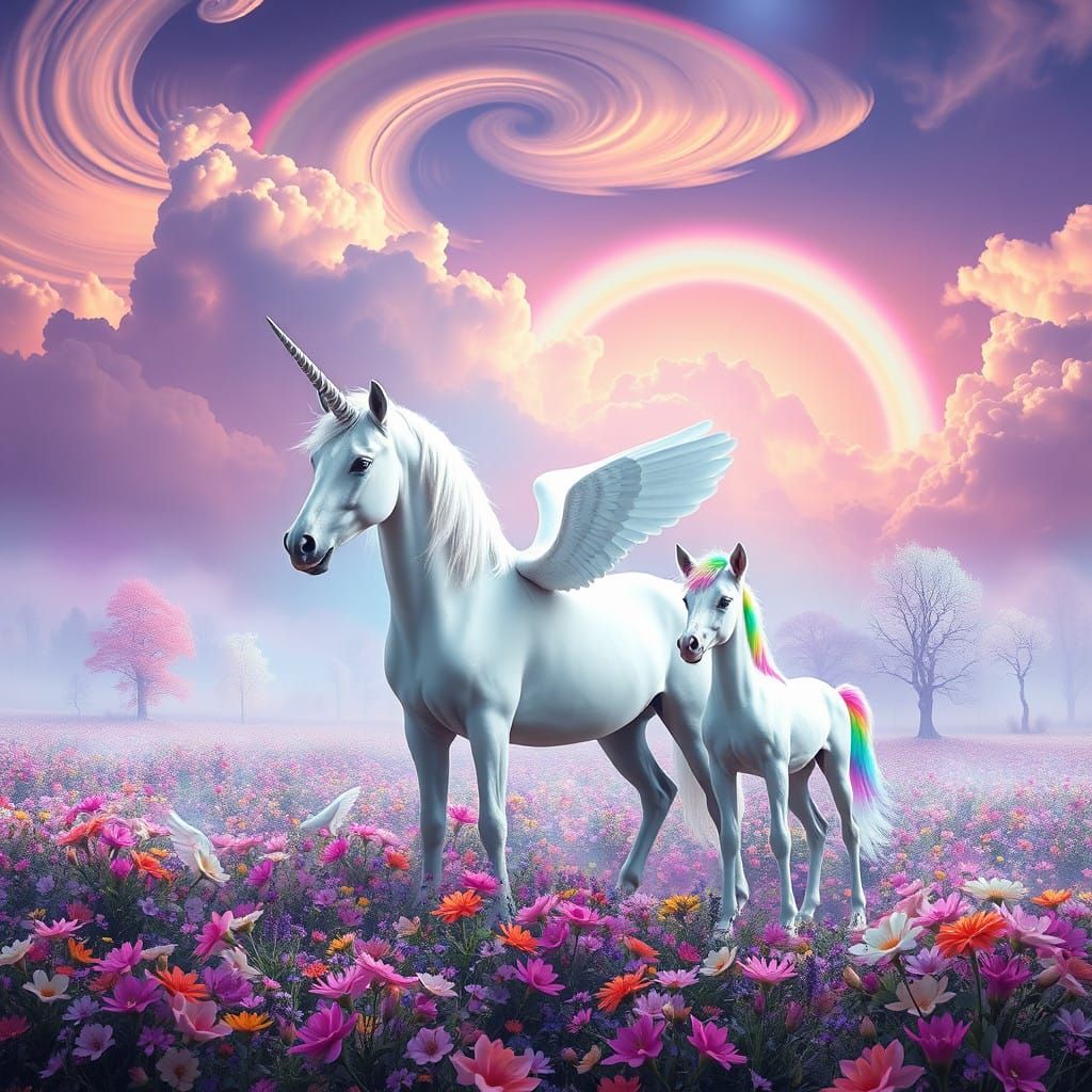 Mythical Creatures in Vibrant, Iridescent Landscape
