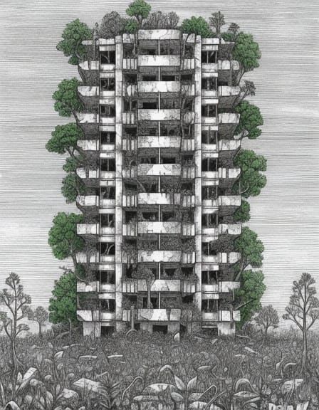 Brutalist Tower Reclaimed by Nature, Linear Drawing Style
