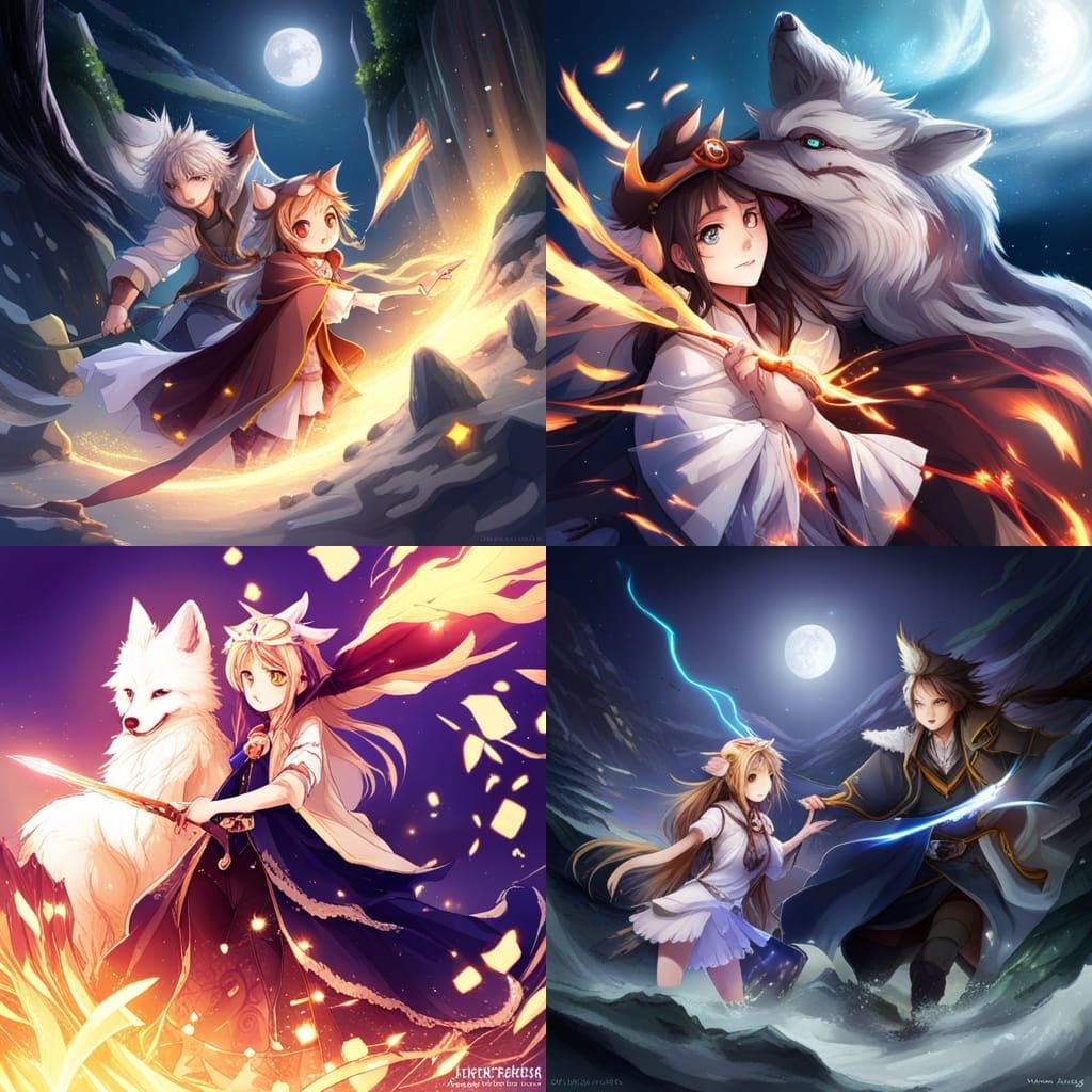 Wolf and Wizard Battle in Anime Style